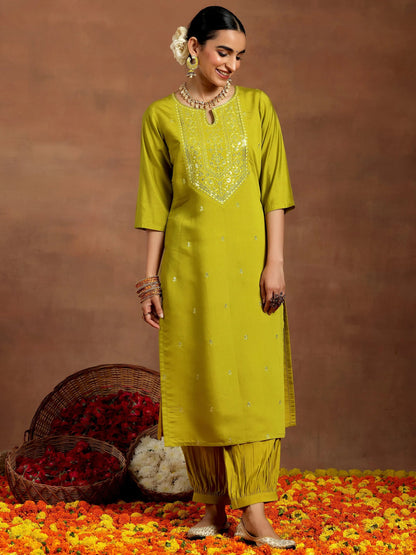 Gerua Lime Green Embroidered Silk Blend Straight Kurta Set