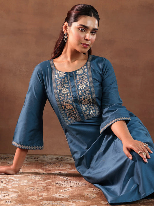 Gerua Blue Yoke Design Silk Blend A-Line Kurta With Trousers