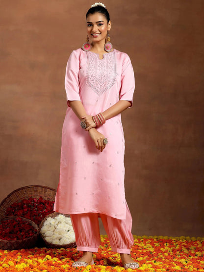 Gerua Pink Embroidered Silk Blend Straight Kurta Set