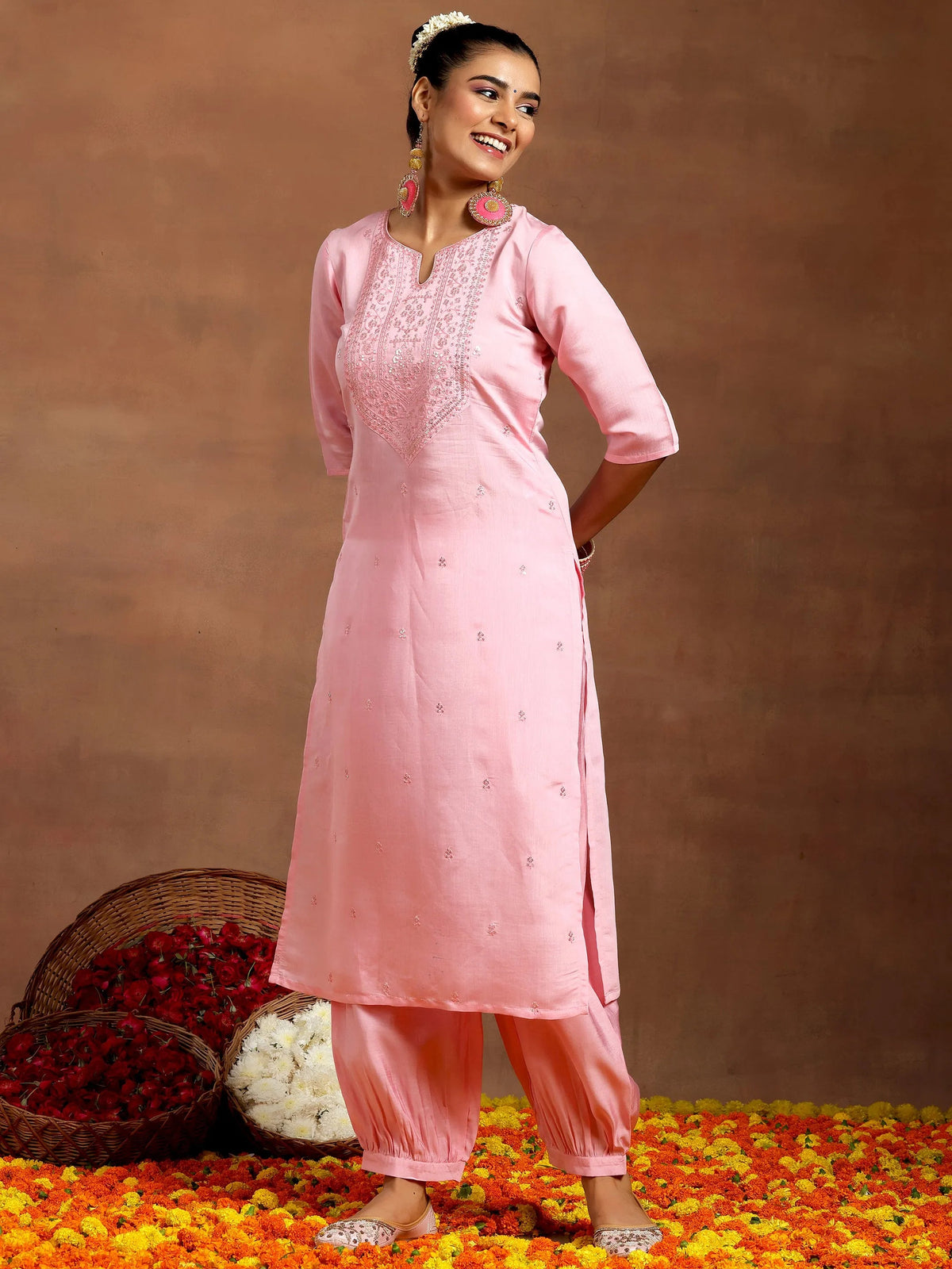 Gerua Pink Embroidered Silk Blend Straight Kurta Set