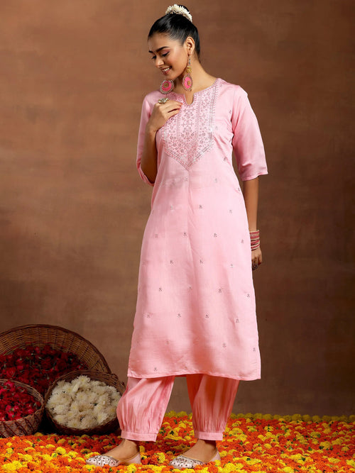 Gerua Pink Embroidered Silk Blend Straight Kurta Set
