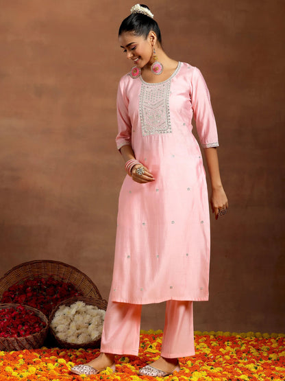 Gerua Peach Yoke Design Silk Blend Straight Suit With Dupatta