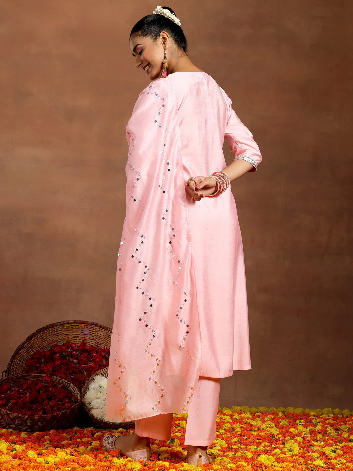 Gerua Peach Yoke Design Silk Blend Straight Suit With Dupatta