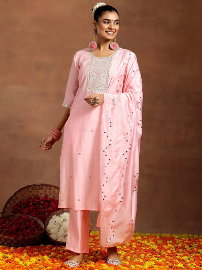 Gerua Peach Yoke Design Silk Blend Straight Suit With Dupatta