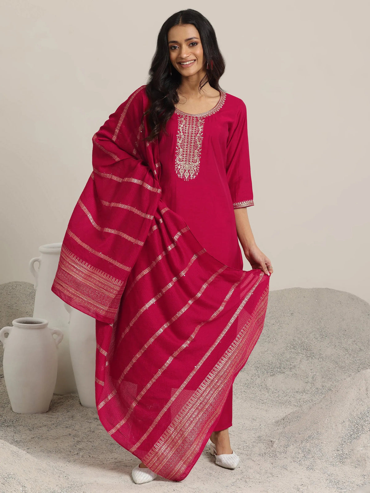 Gerua Red Yoke Design Silk Blend Straight Suit With Dupatta