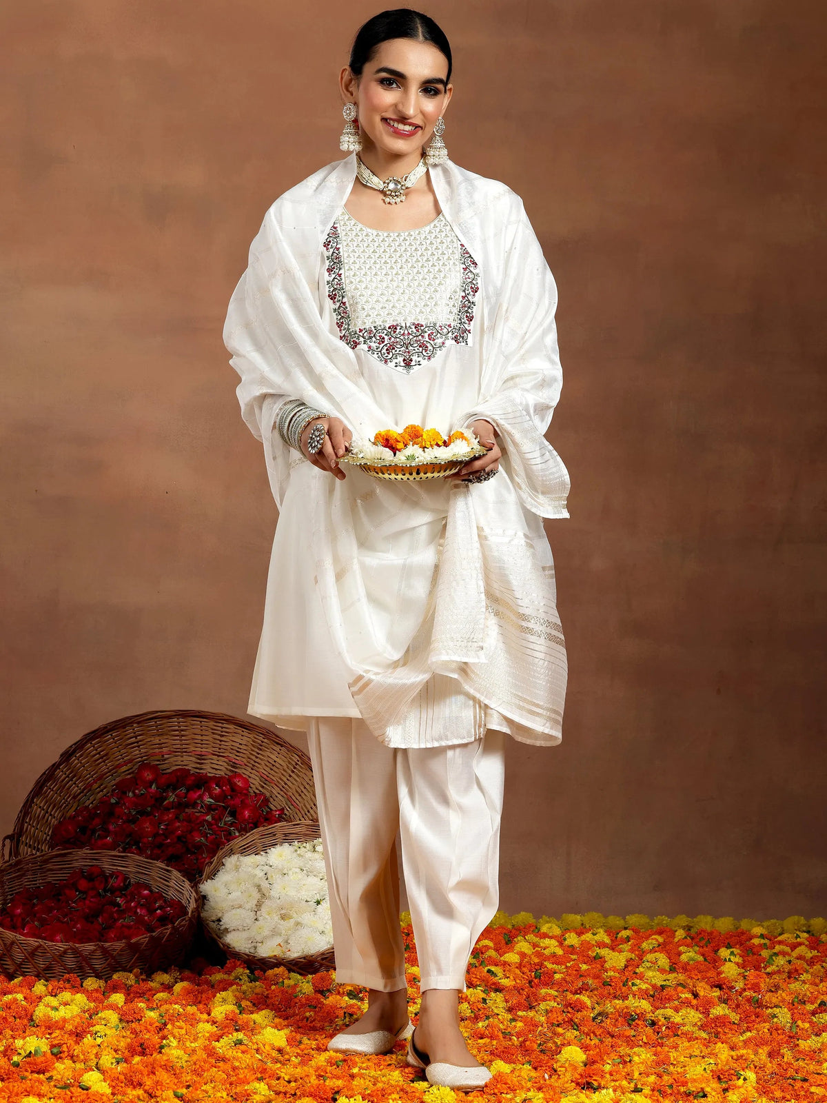 Gerua White Yoke Design Silk Blend Straight Suit With Dupatta