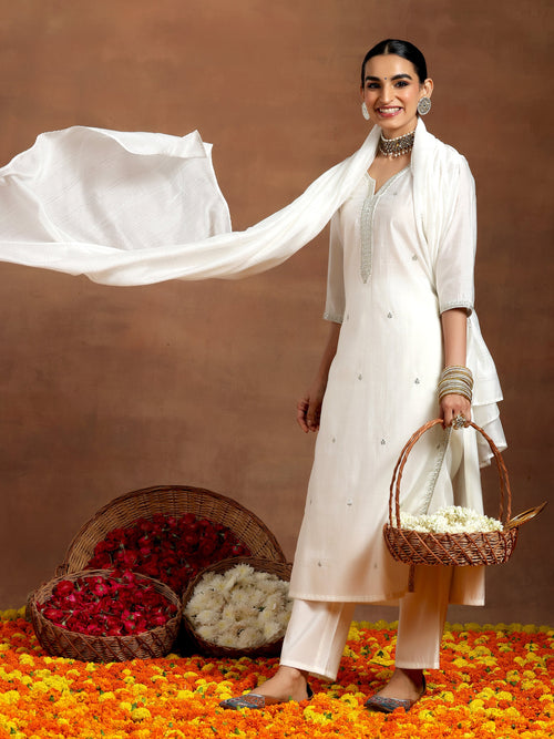 Gerua White Embroidered Silk Blend Straight Suit With Dupatta