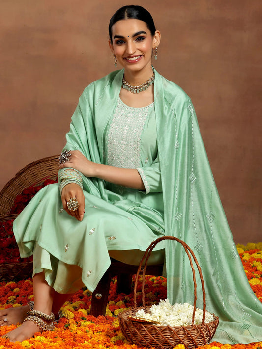 Gerua Green Embroidered Silk Blend Straight Suit With Dupatta