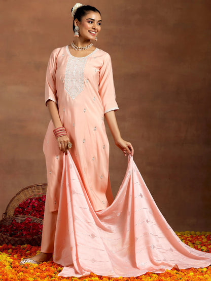 Gerua Peach Yoke Design Silk Blend Straight Suit With Dupatta
