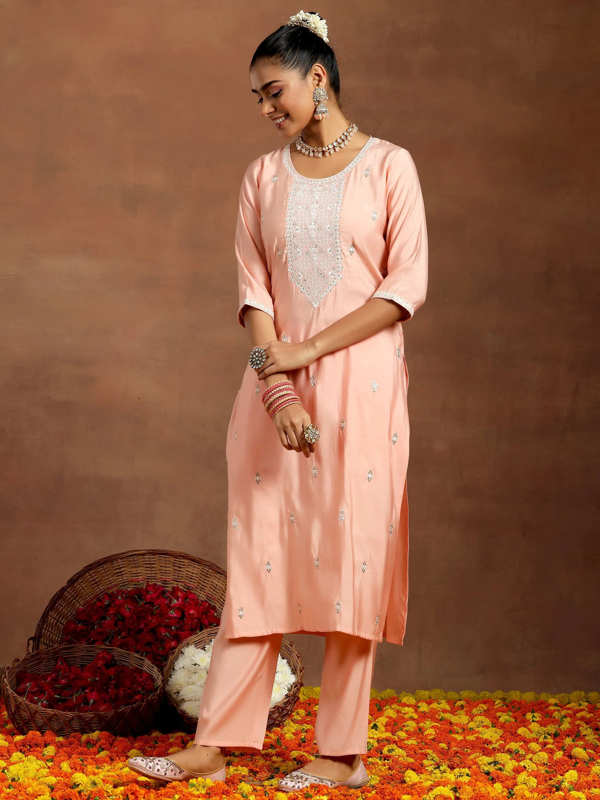 Gerua Peach Yoke Design Silk Blend Straight Suit With Dupatta
