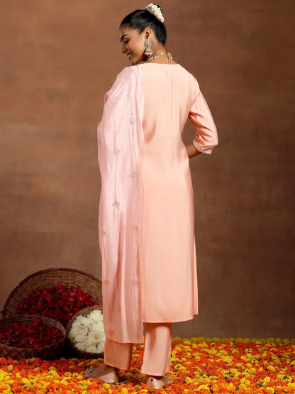 Gerua Peach Yoke Design Silk Blend Straight Suit With Dupatta
