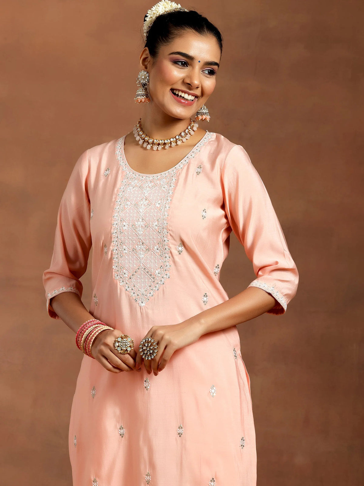 Gerua Peach Yoke Design Silk Blend Straight Suit With Dupatta