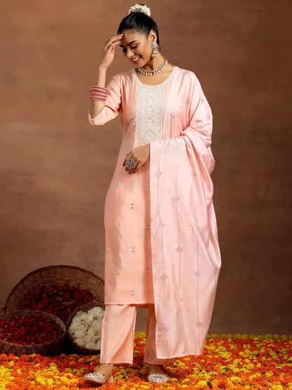 Gerua Peach Yoke Design Silk Blend Straight Suit With Dupatta