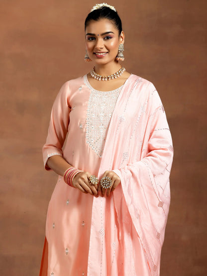 Gerua Peach Yoke Design Silk Blend Straight Suit With Dupatta