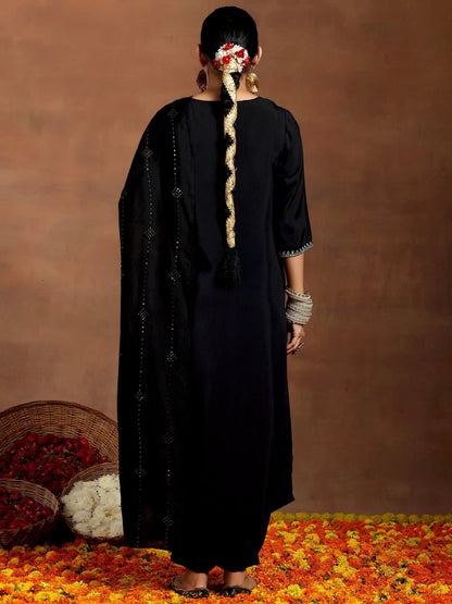 Gerua Black Embroidered Silk Blend Straight Suit With Dupatta