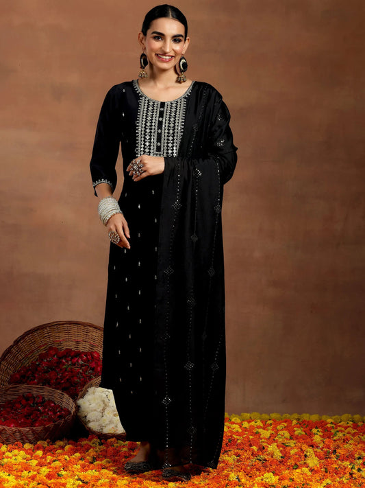 Gerua Black Embroidered Silk Blend Straight Suit With Dupatta