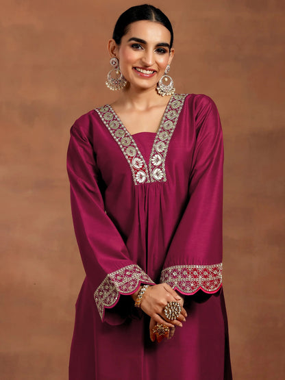 Gerua Maroon Yoke Design Silk Blend Straight Kurta Set
