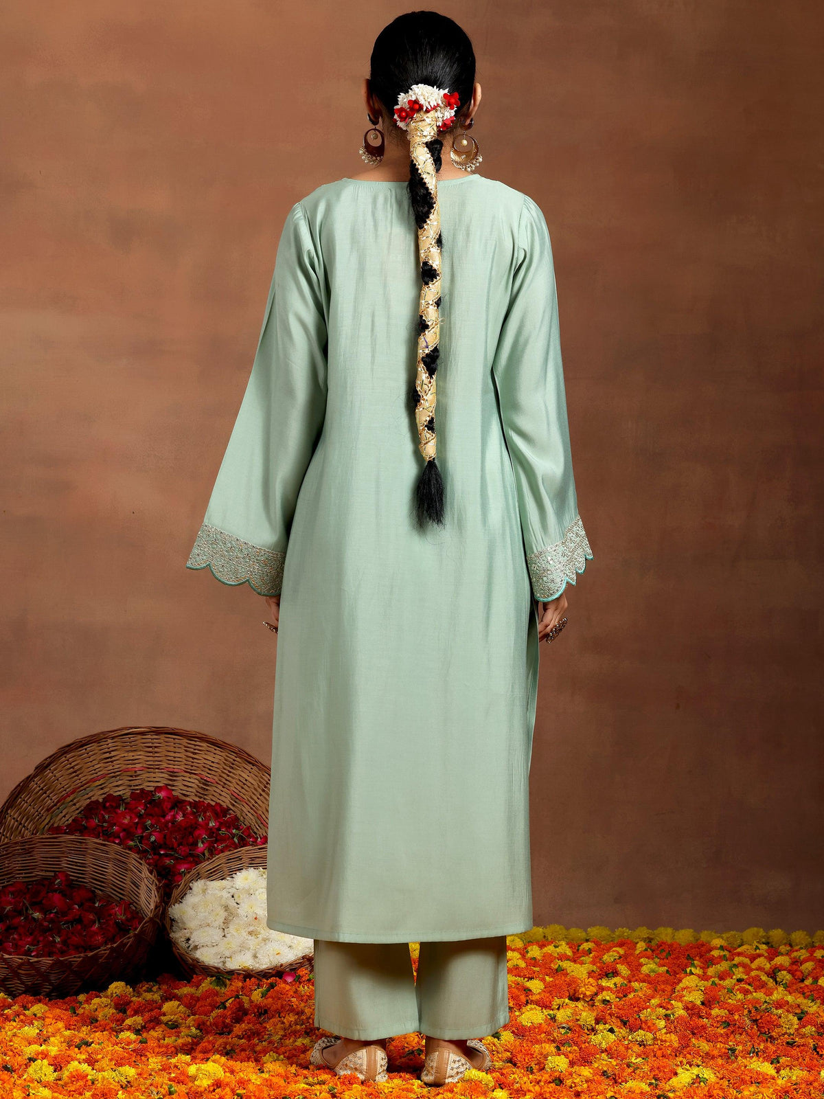 Gerua Green Yoke Design Silk Blend Straight Kurta Set