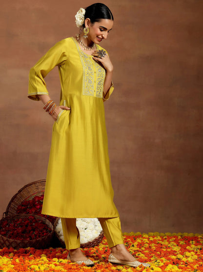 Gerua Mustard Yoke Design Silk Blend A-Line Kurta With Trousers