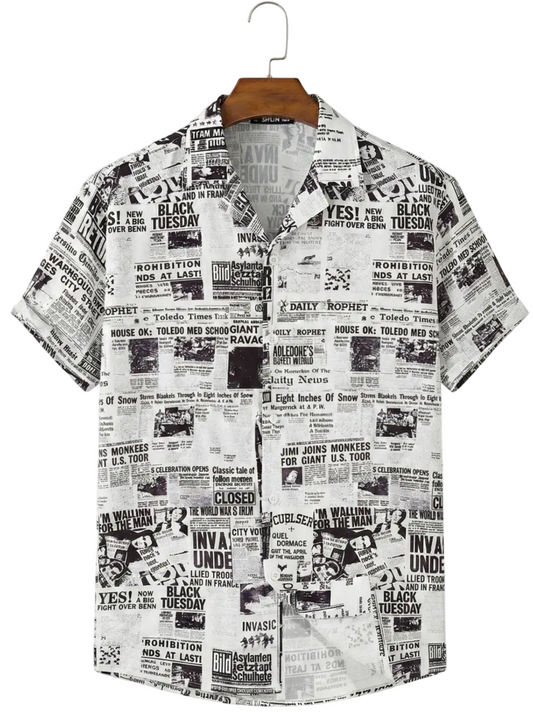 Men's Black & White Vintage Newspaper Print Casual Half Sleeve Shirt