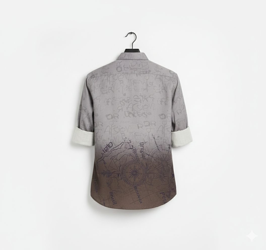 Men's Grey Ombre Travel Map Printed Shirt