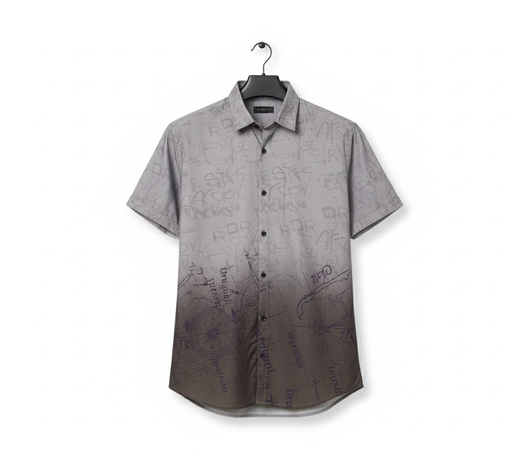 Men's Grey Ombre Travel Map Printed Shirt