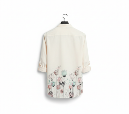 Men's Cream Floral Sketch Print Casual Shirt - Full Sleeve