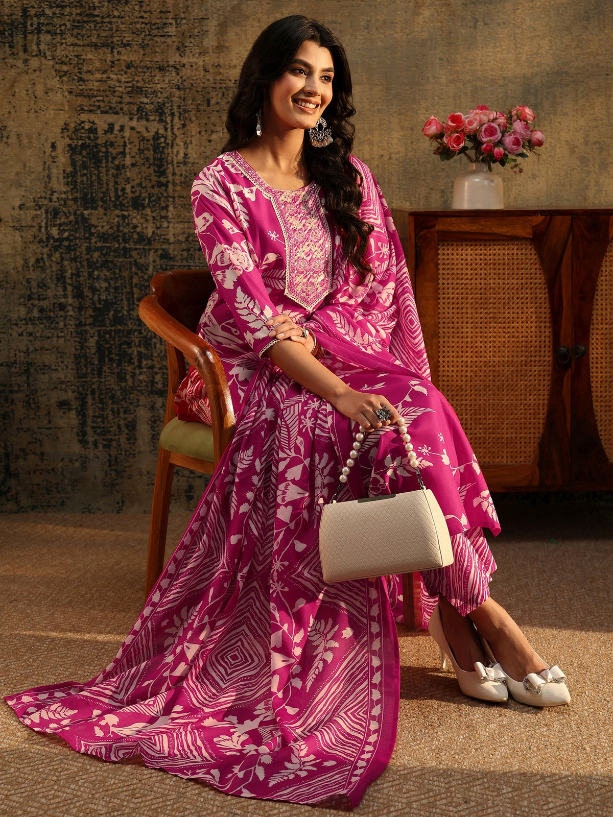 Gerua Rani Pink Floral Printed Cotton Blend Straight Suit Set