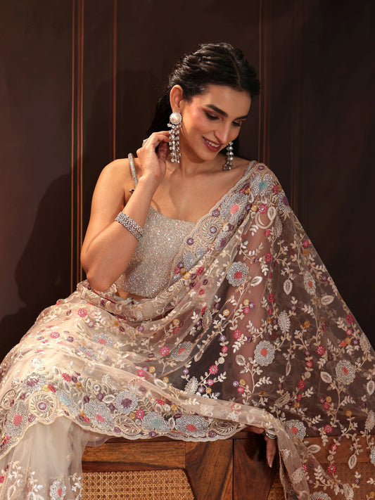 Libas Art Cream Floral Embroidered Net Saree
