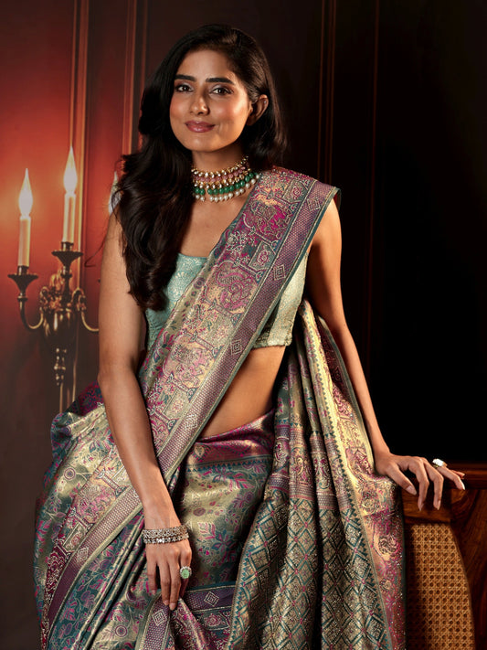 Libas Art Deep Sage Green Floral Woven Design Silk Blend Saree