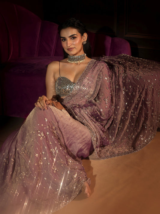 Libas Art Dusty Lavender Embellished Tissue Saree