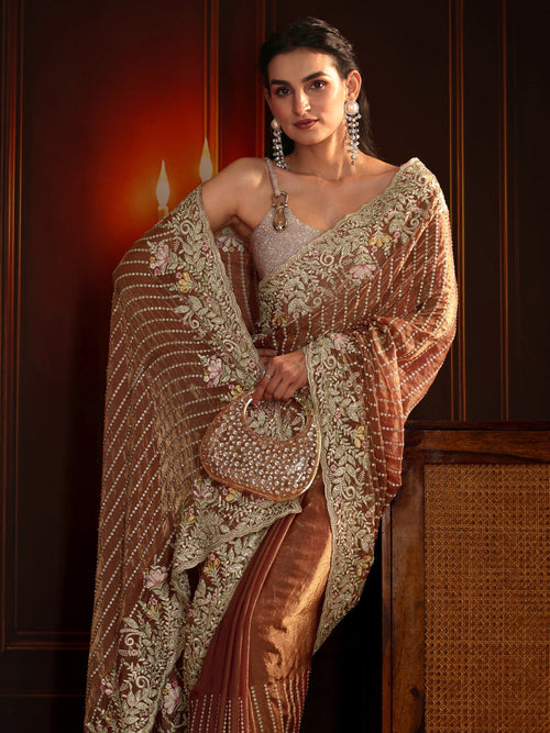 Libas Art Rust Brown Embellished Tissue Saree