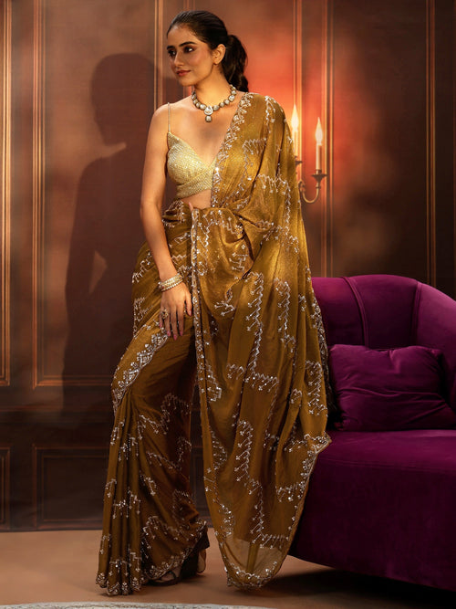 Libas Art Rust Brown Embellished Tissue Saree