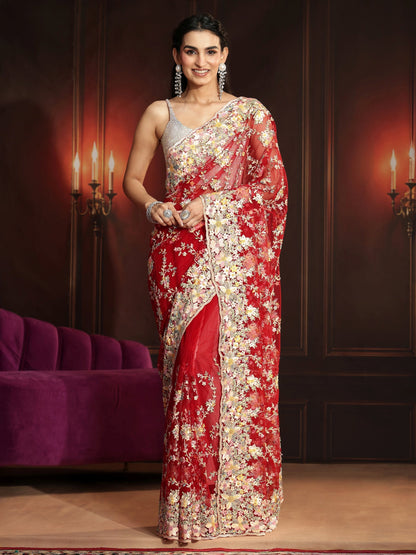 Libas Art Vermilion Red Floral Embroidered Net Saree