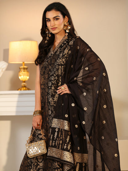 Libas Black Floral Woven Design Silk Blend Straight Suit Set