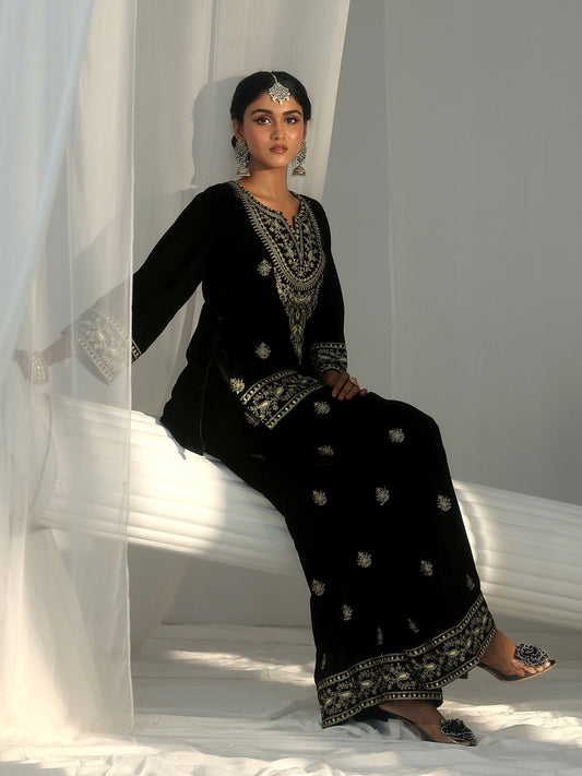 Libas Black Yoke Embroidered Design Velvet Co-Ord Set