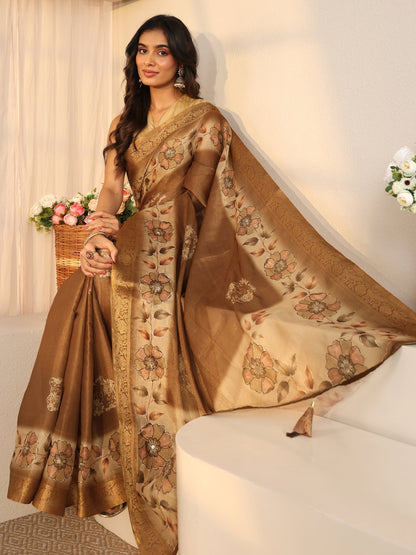 Libas Brown Floral Printed Silk Blend Ombre Saree with Woven Border