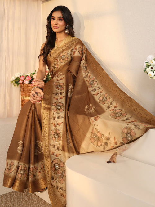 Libas Brown Floral Printed Silk Blend Ombre Saree with Woven Border
