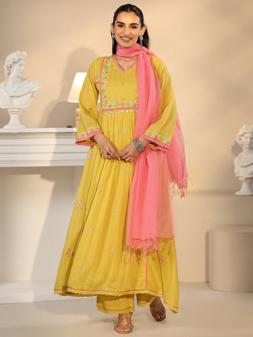Libas Daffodil Yellow Floral Embroidered Cotton Anarkali Suit Set