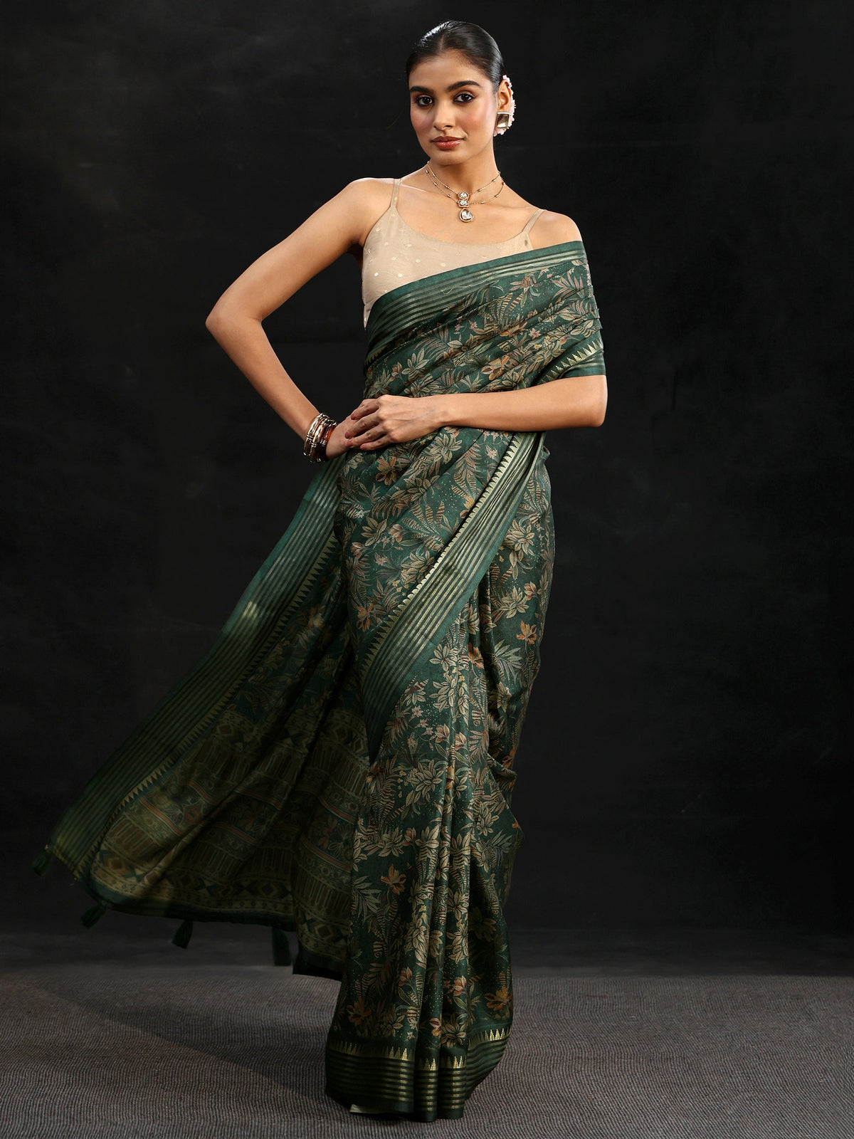 Libas Green Floral Woven Design Silk Blend Saree