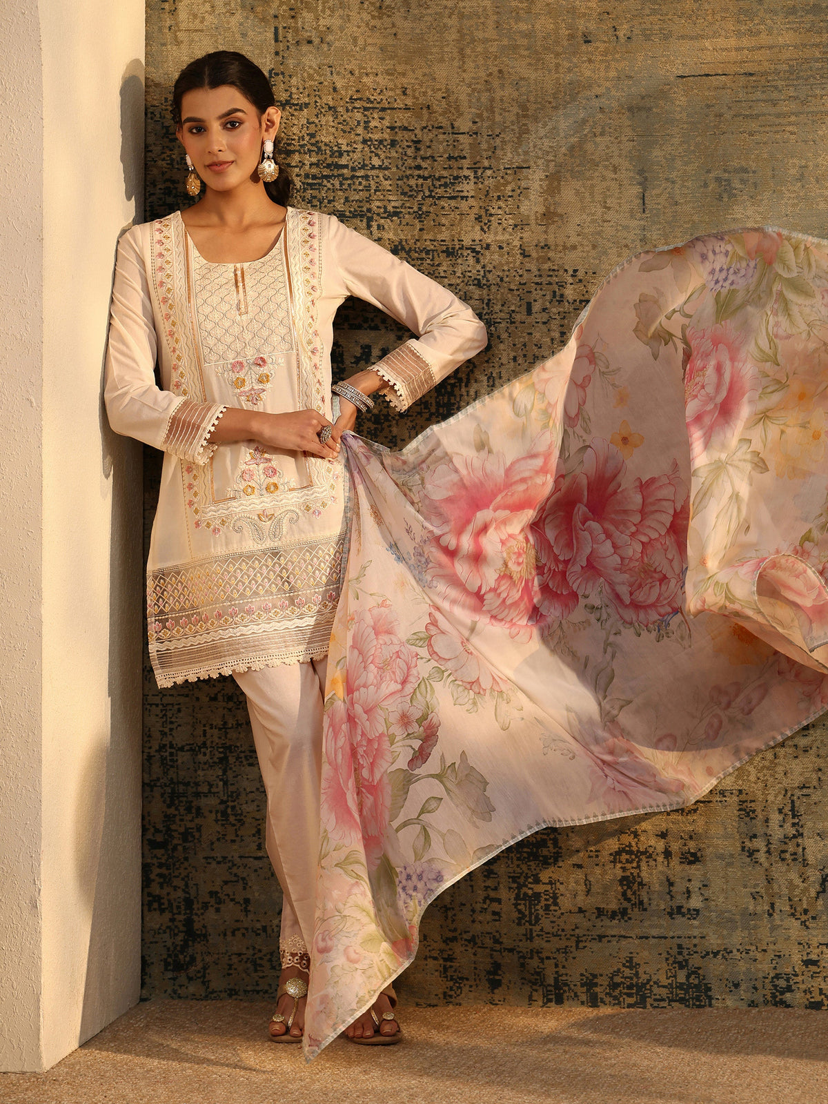 Libas Ivory Embroidered Cotton Short Kurta Pant Suit Set