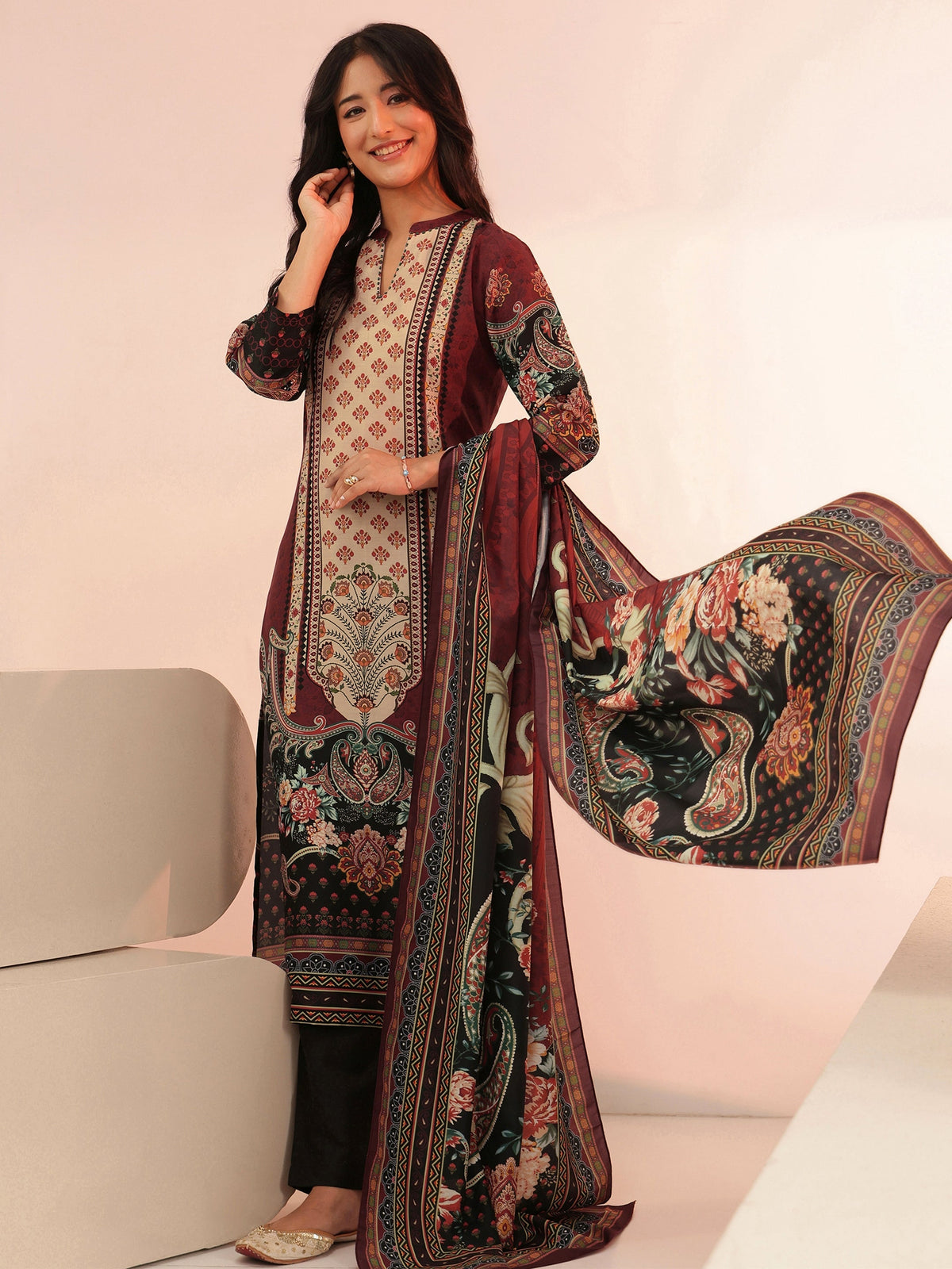 Libas Maroon Ethnic Print Silk Blend Straight Suit Set