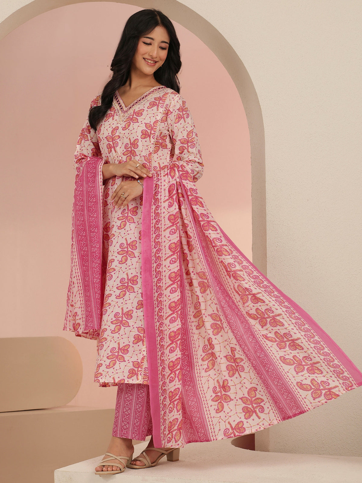 Libas Off White Floral Printed Cotton Straight Suit Set