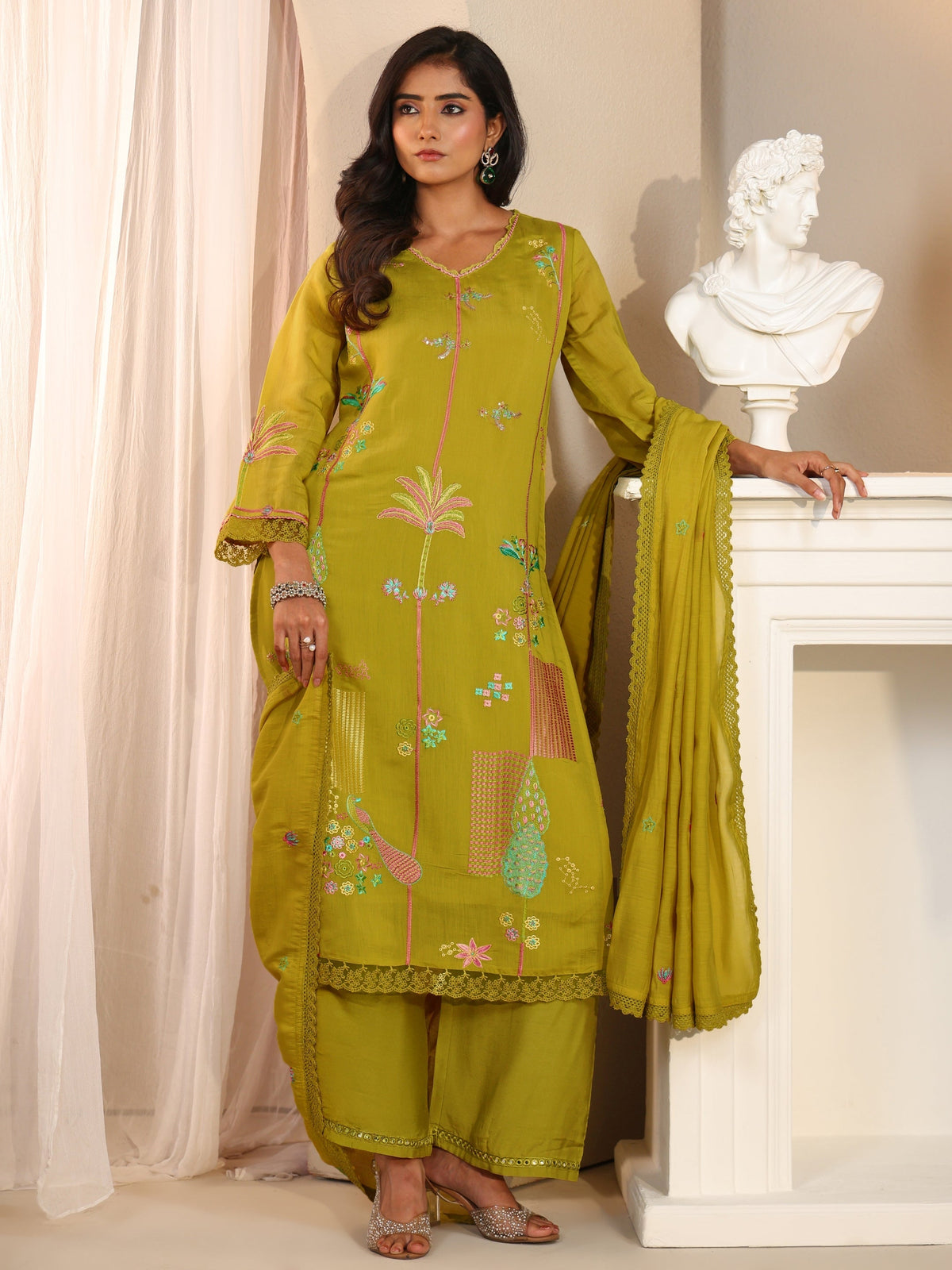 Libas Olive Green Floral Embroidered Chanderi Cotton Straight Suit Set