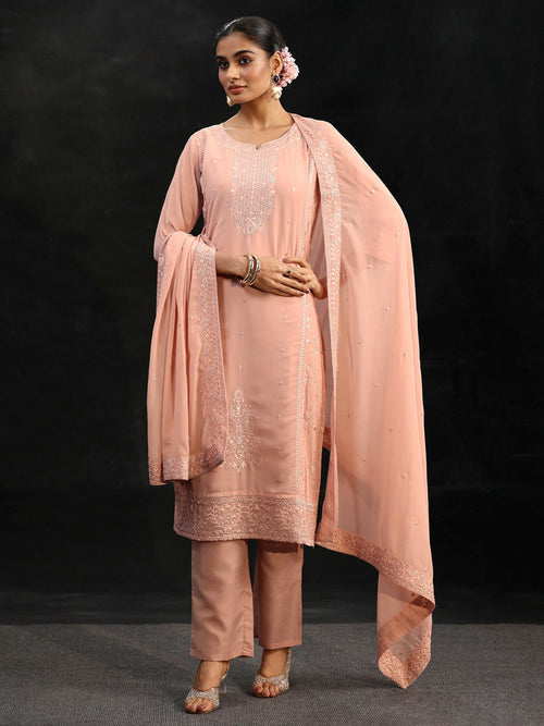 Libas Peach Embroidered Georgette Straight Suit Set