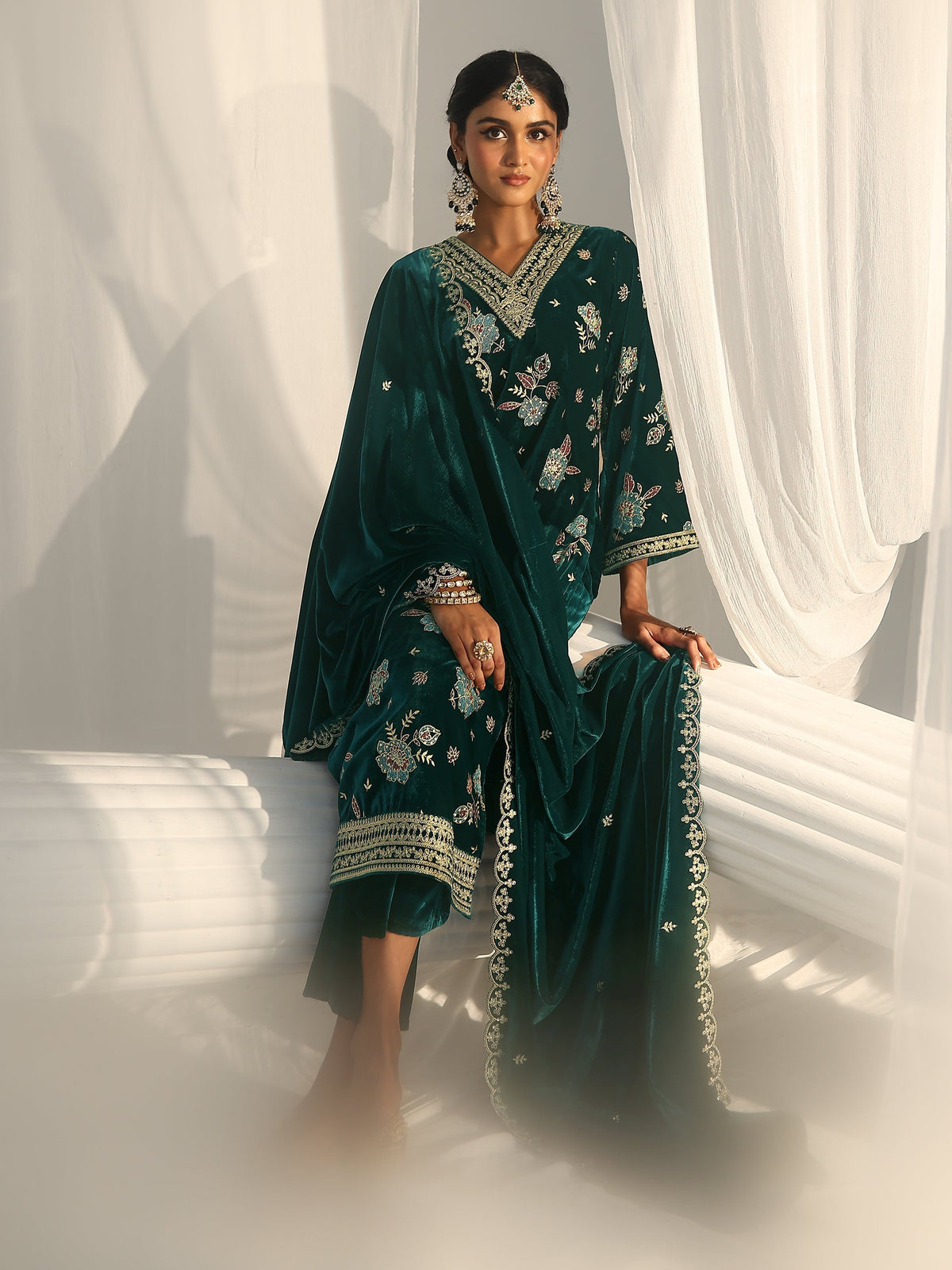 Libas Peacock Green Floral Embroidered Velvet Straight Suit Set