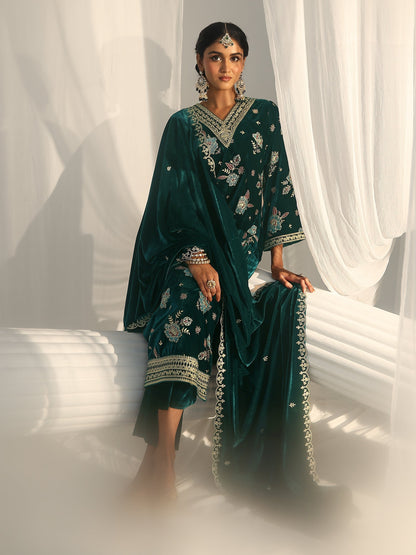 Libas Peacock Green Floral Embroidered Velvet Straight Suit Set