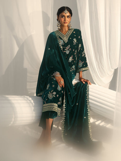 Libas Peacock Green Floral Embroidered Velvet Straight Suit Set