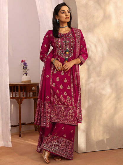 Libas Pink Embroidered Georgette Straight Suit Set With Dupatta