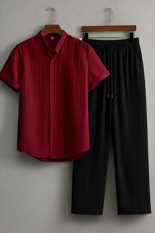 Premium Dark Red Shirt  & Black Track Pant  Premium Cotton Co-Ord Set For Men